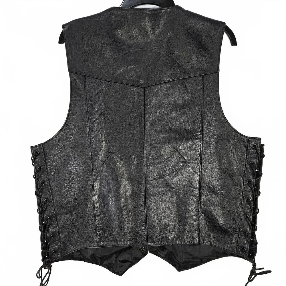 FMC Vintage Black Leather Biker Vest Lace-up Sides 4 Pockets Men's Size 44 Y2K - Picture 2 of 9